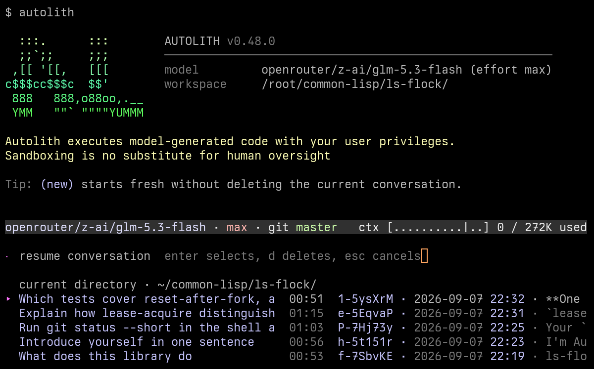 The conversation picker: saved conversations listed by title, working time, identifier, timestamp, and a preview of the last reply; Enter resumes, d deletes, Escape cancels